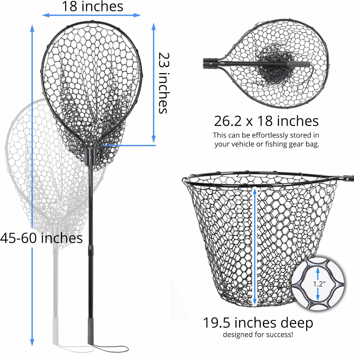High Strength Large Landing Net - Fishing Net with Telescoping Handle and Soft Rubber Netting, Kayak/Fly Fishing Net - Length: 60″, Depth: 19.5″, Hoop: 23″ x 18″, Suitable for 1 & 2 Handed Use - Image 4