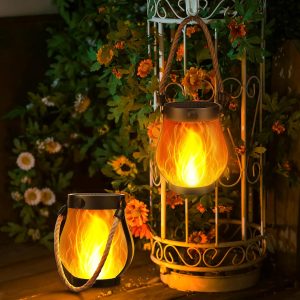 Solar Flame Lantern Hanging Outdoor Waterproof - 2 Pack Flame Lanterns with Dual Charging Modes of Solar & USB for Garden or Yard Decorations (Warm White - 2 Pack)
